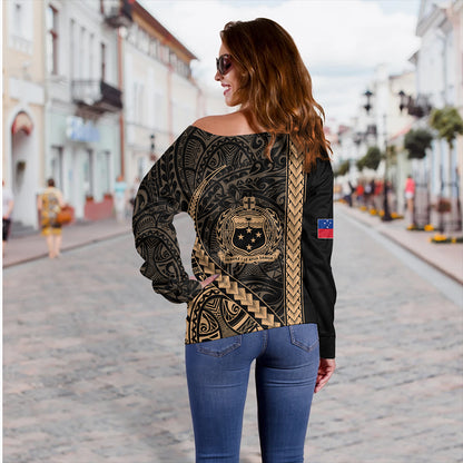 Samoa Off Shoulder Sweatshirt Tribal Polynesian Coat Of Arms Gold