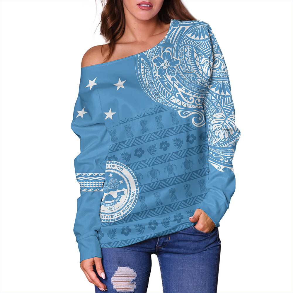 Micronesian Off Shoulder Sweatshirt Federated States Of Micronesia Flag With Coat Of Arms
