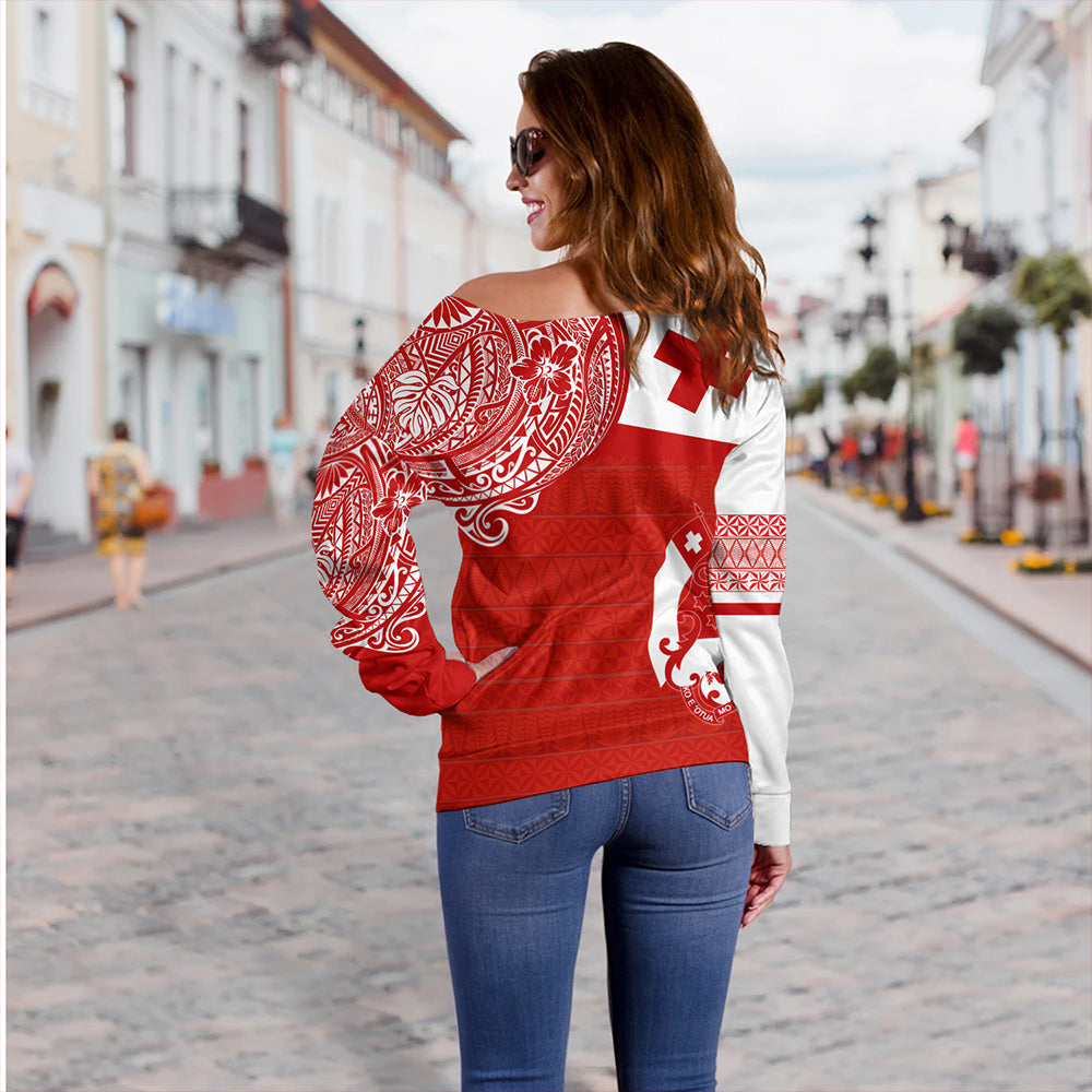 Tonga Off Shoulder Sweatshirt Tonga Polynesian Flag With Coat Of Arms