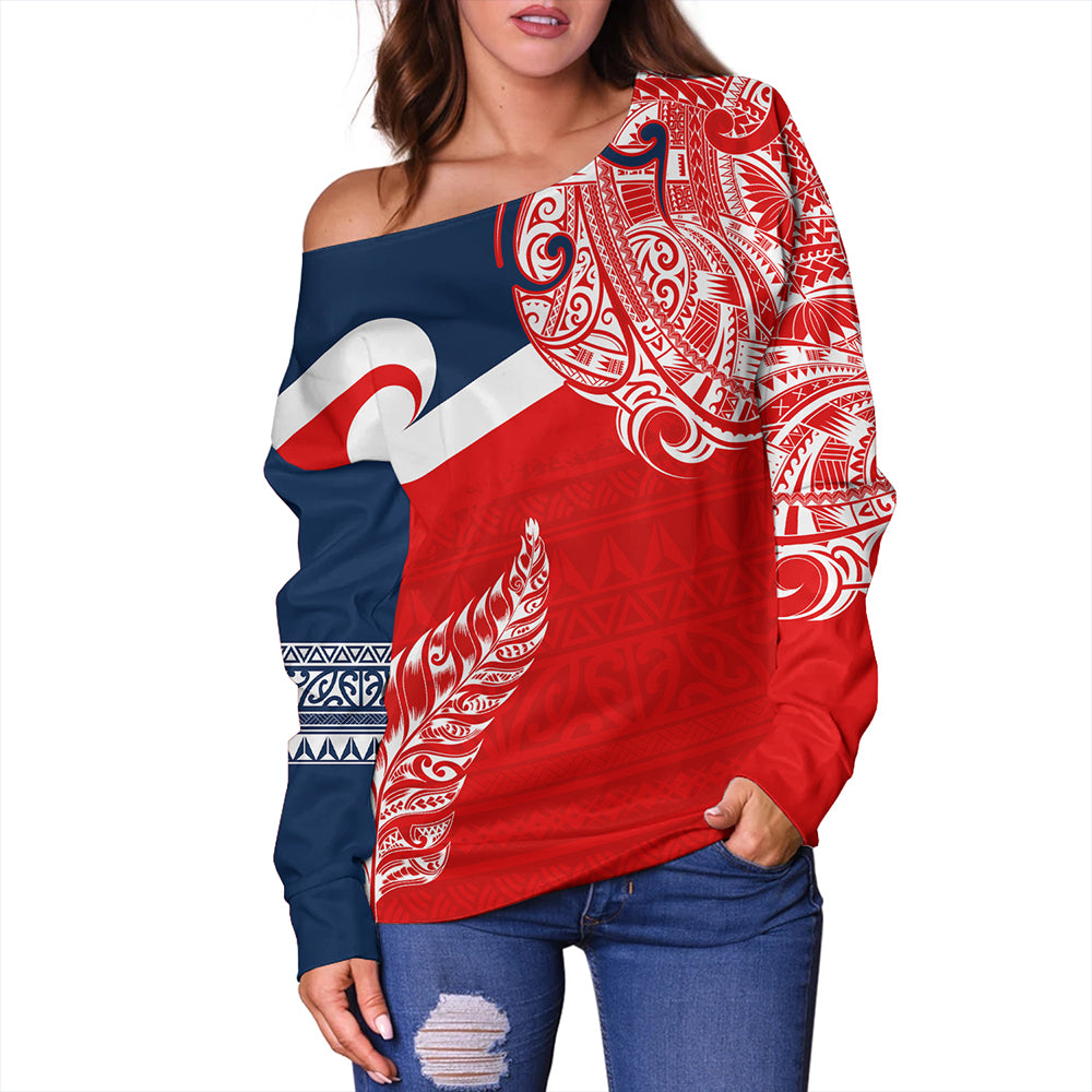 New Zealand Off Shoulder Sweatshirt Tino Rangatiratanga Maori With Silver Fern Version.2