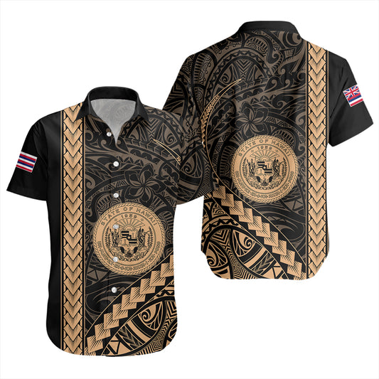 Hawaii Short Sleeve Shirt Tribal Polynesian Coat Of Arms Gold