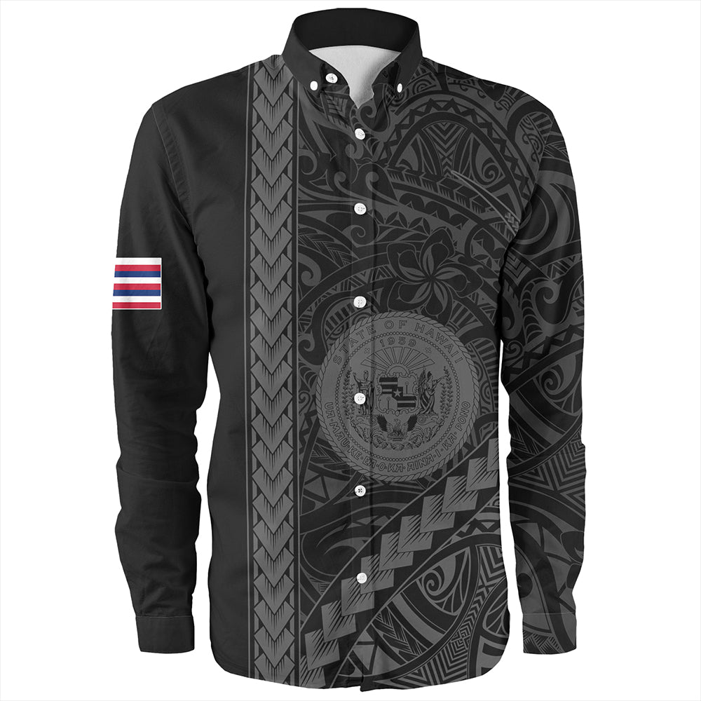 Hawaii Long Sleeve Shirt Tribal Polynesian Coat Of Arms Gray