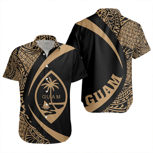Guam Short Sleeve Shirt Coat Of Arm Lauhala Gold Circle