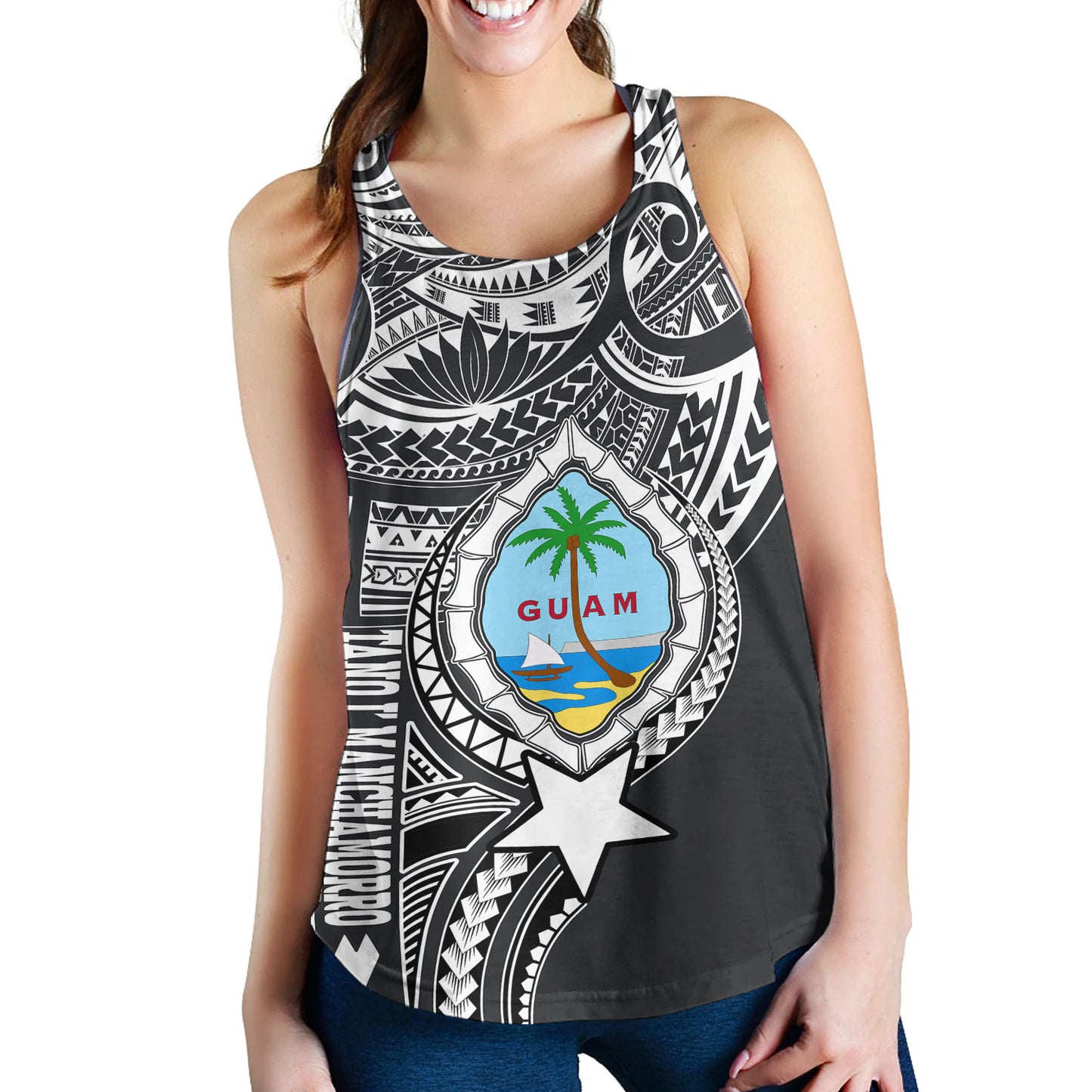 Guam Women Tank Custom Guam Coat Of Arms Polynesian Half Body Tattoo Black Style