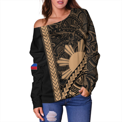 Philippines Off Shoulder Sweatshirt Tribal Polynesian Sun Gold