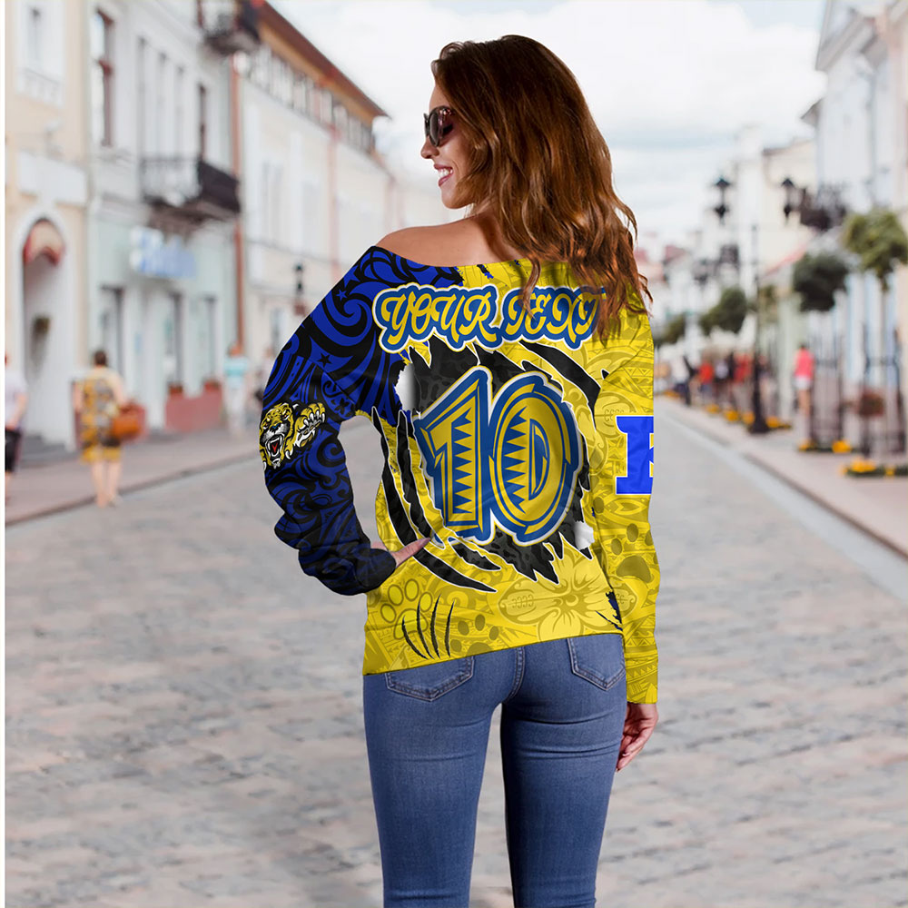 Hawaii Off Shoulder Sweatshirt Custom Henry J. Kaiser High School Super Cougar Arm Sleeve Polynesian Tattoo