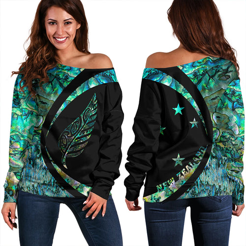 New Zealand Off Shoulder Sweatshirt Silver Fern Papua Shell Circle