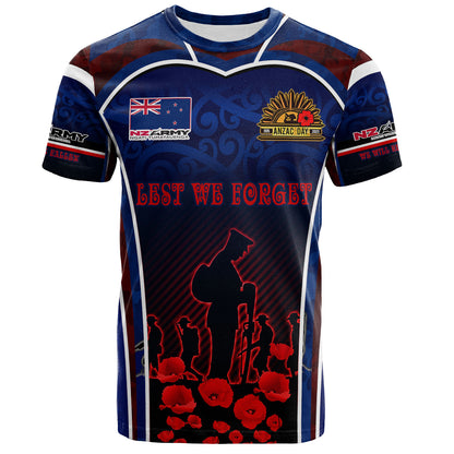 New Zealand T-Shirt Custom New Zealand Army Keeping Anzac Spirit Lives Poppies Flower Maori Style