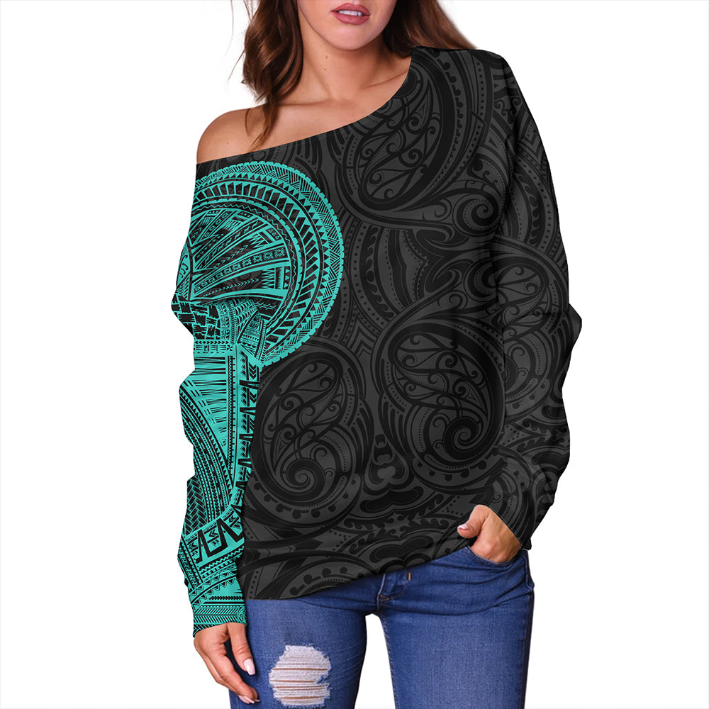 Samoa Tribal Maori Tattoo Roman Reigns Off Shoulder Sweatshirt Turquoise