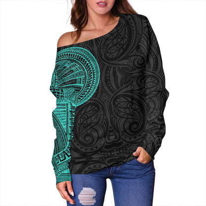 Samoa Tribal Maori Tattoo Roman Reigns Off Shoulder Sweatshirt Turquoise