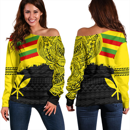 Kanaka Maoli Off Shoulder Sweatshirt Polynesian Flag With Coat Of Arms