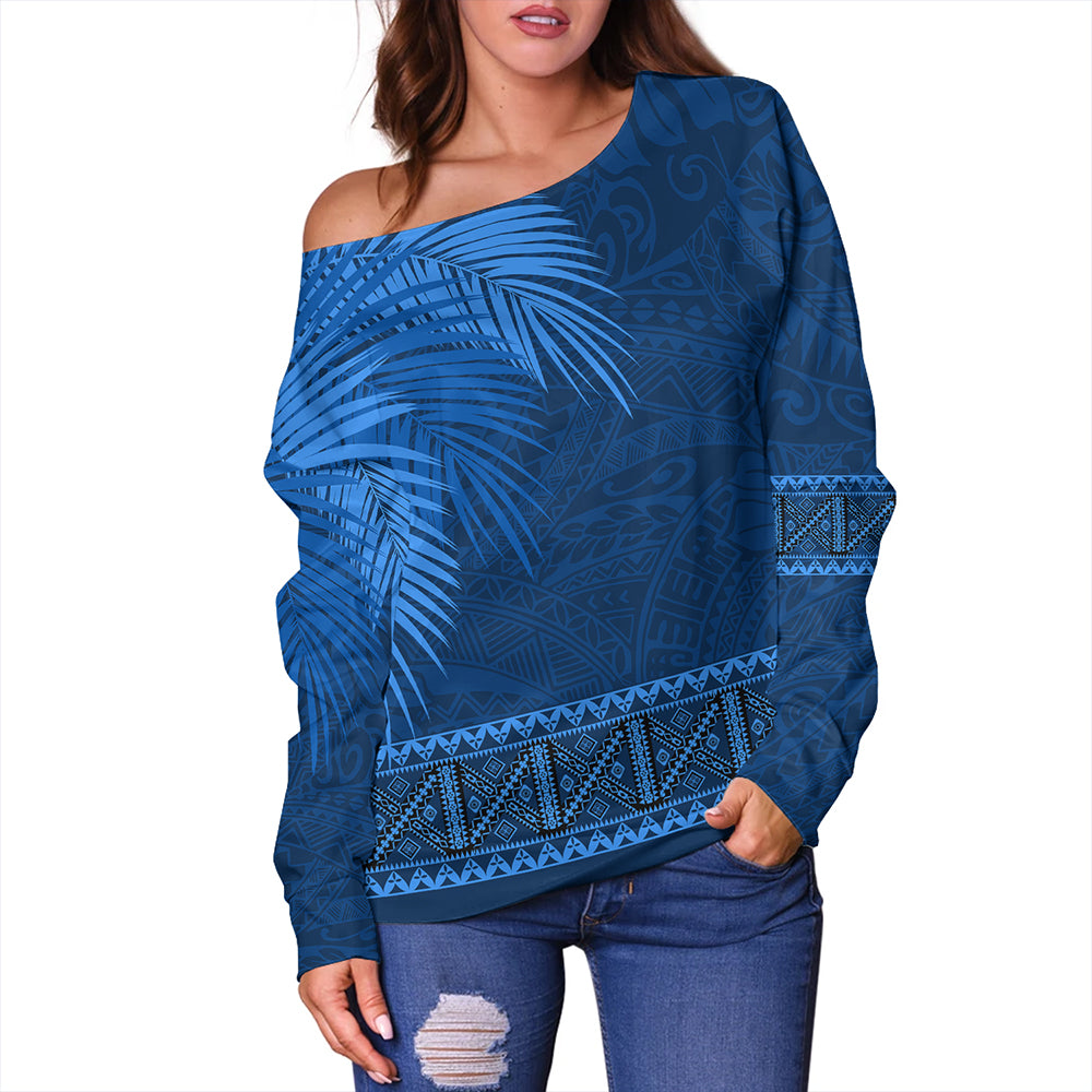 Samoa Off Shoulder Sweatshirt Masi Dobby Fabric Leaves