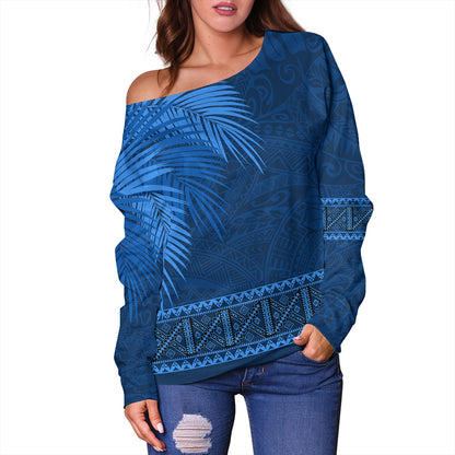 Samoa Off Shoulder Sweatshirt Masi Dobby Fabric Leaves