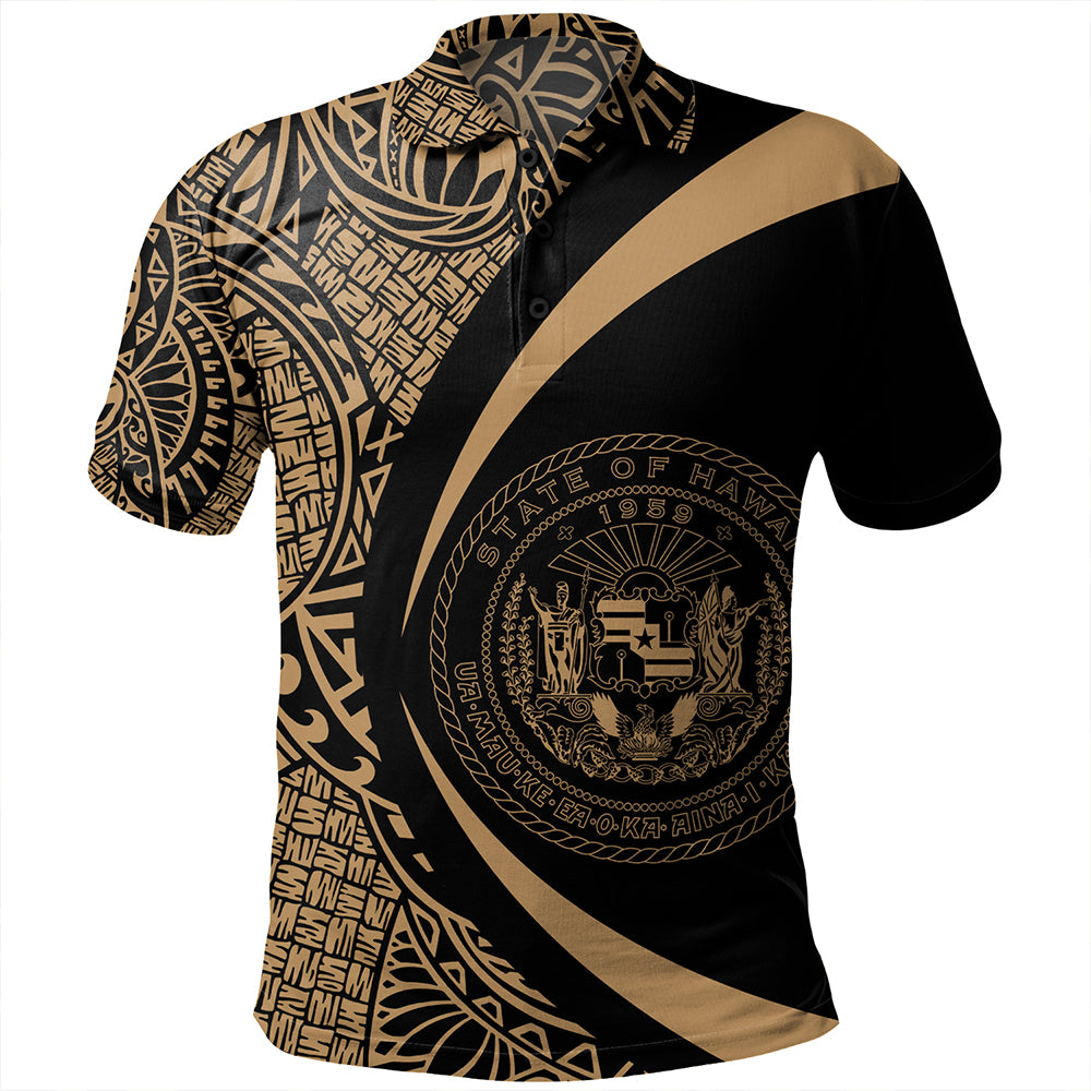 Hawaii Polo Shirt Coat Of Arm Lauhala Gold Circle