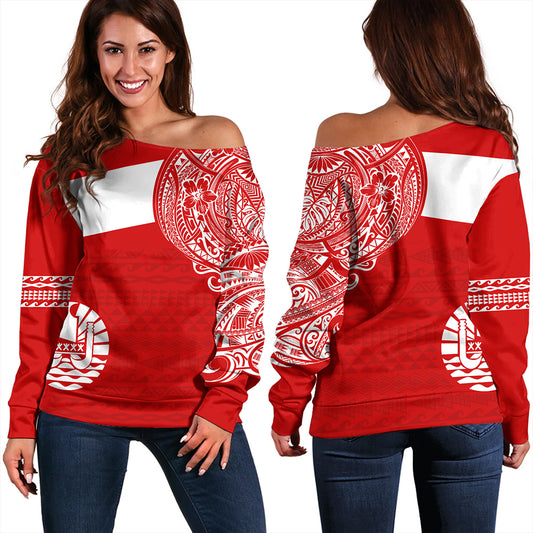 Polynesian Off Shoulder Sweatshirt Tahiti Flag With Coat Of Arms