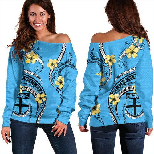 Fiji Off Shoulder Sweatshirt Fiji Bula Style Plumeria Flower