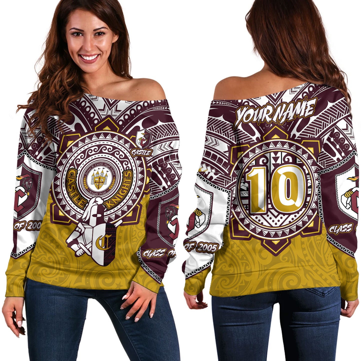 Hawaii Off Shoulder Sweatshirt Custom James B. Castle High School Super Castle Knights Tribal Style