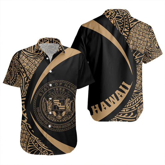 Hawaii Short Sleeve Shirt Coat Of Arm Lauhala Gold Circle