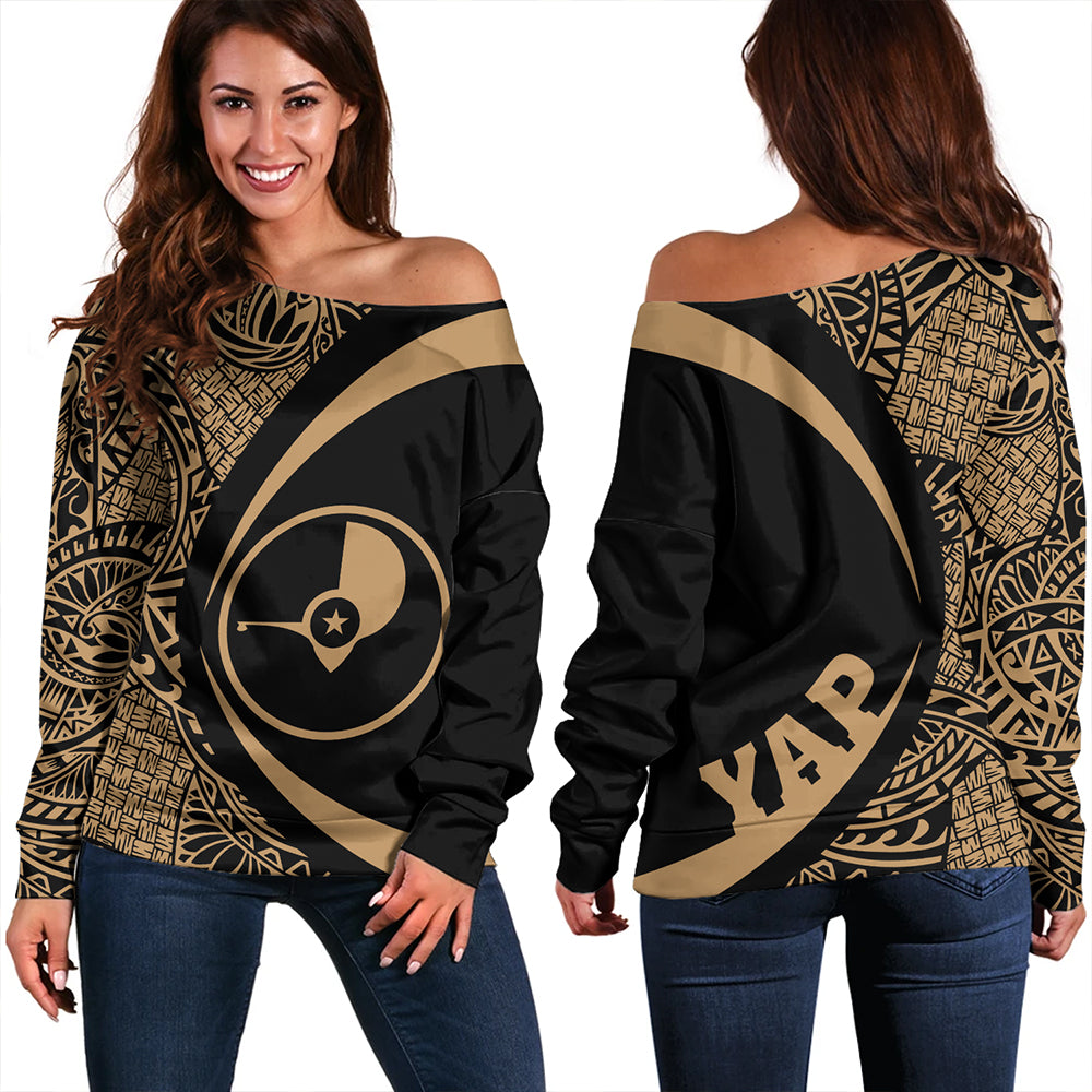 Yap Off Shoulder Sweatshirt Coat Of Arm Lauhala Gold Circle