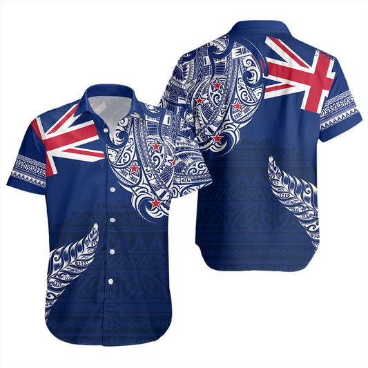 New Zealand Short Sleeve Shirt Aotearoa Maori Tribal Flag With Silver Frern