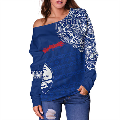 Guam Off Shoulder Sweatshirt Polynesian Flag With Coat Of Arms
