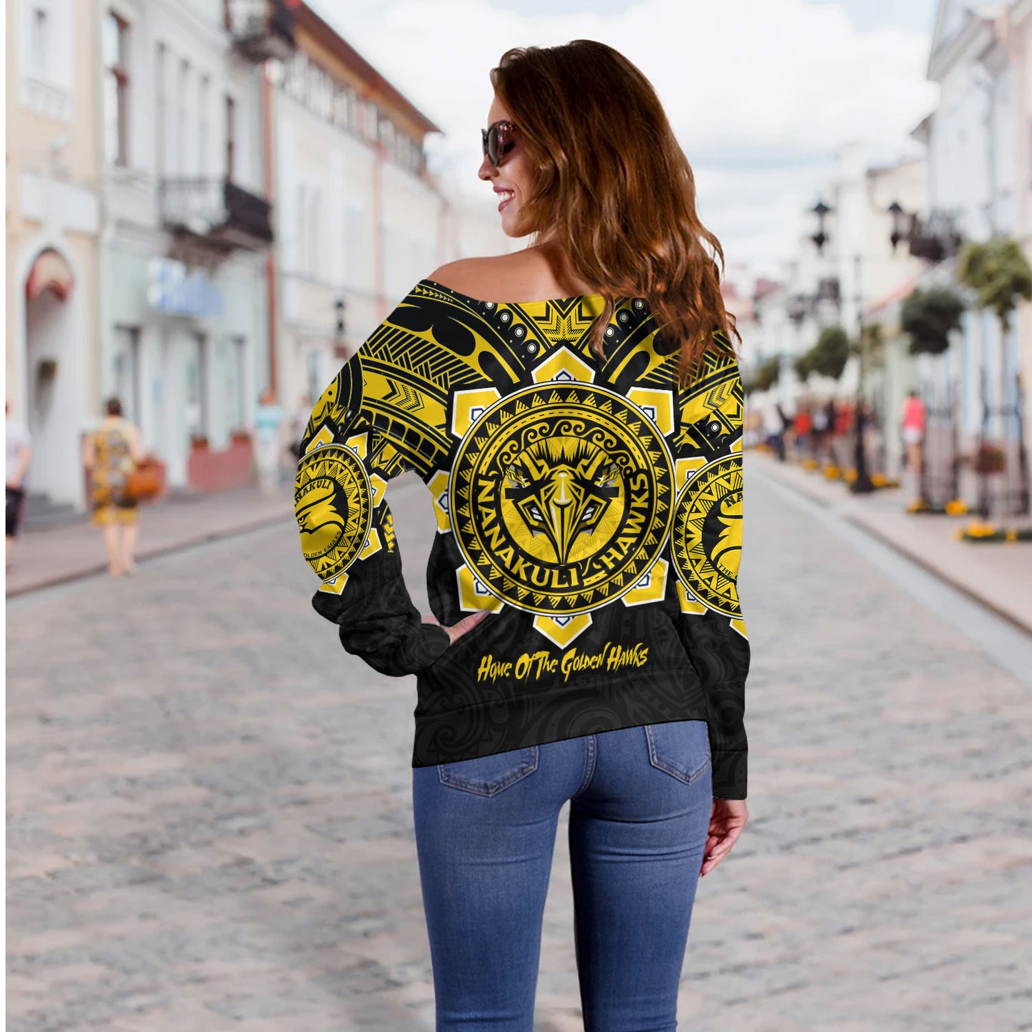 Hawaii Off Shoulder Sweatshirt Custom Nanakuli High & Intermediate School Home Of Golden Hawks Tribal Style