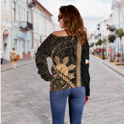Philippines Off Shoulder Sweatshirt Tribal Polynesian Sun Gold