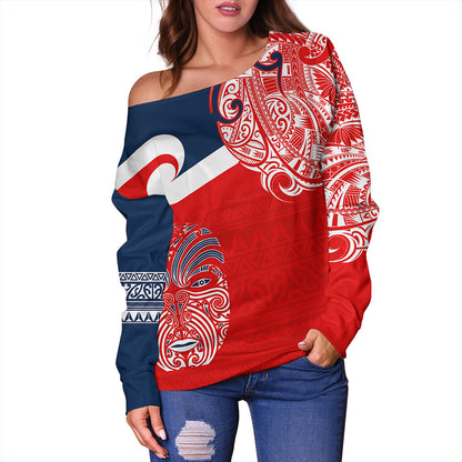 New Zealand Off Shoulder Sweatshirt Tino Rangatiratanga Maori Mask