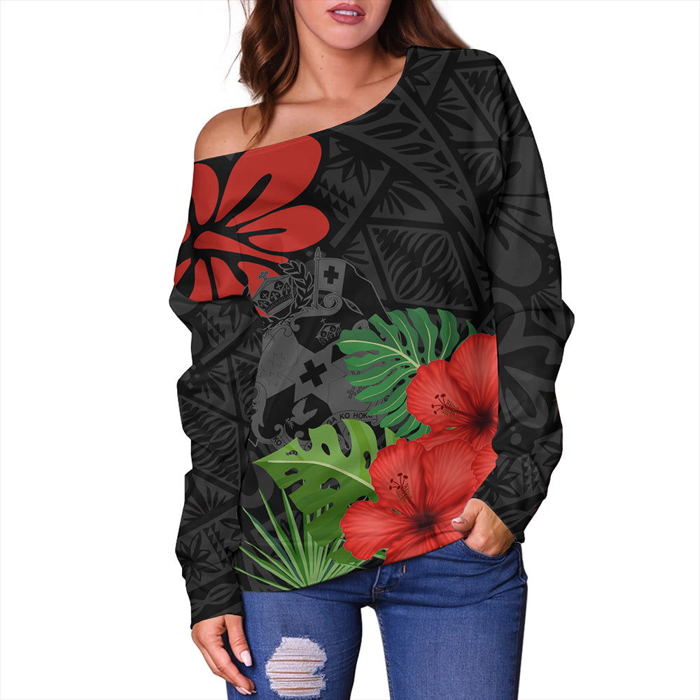Tonga Off Shoulder Sweatshirt Tonga Coat Of Arms Polynesian Hibiscus