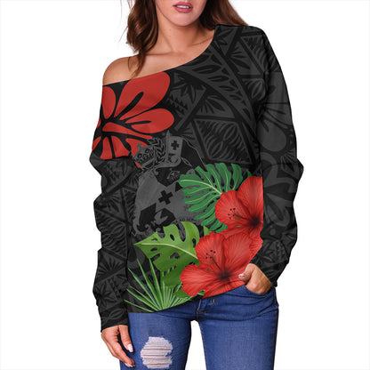 Tonga Off Shoulder Sweatshirt Tonga Coat Of Arms Polynesian Hibiscus