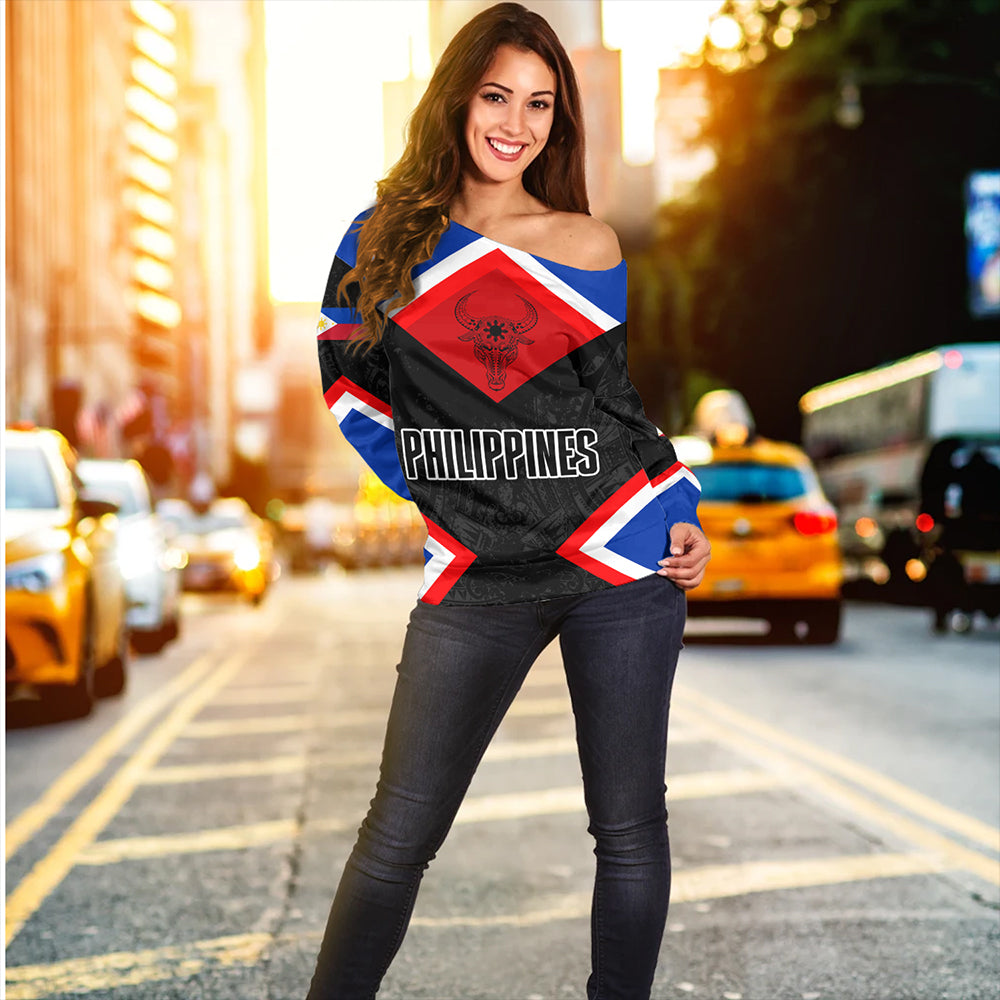 Philippines Off Shoulder Sweatshirt Water Buffalo Sun Tribal Style