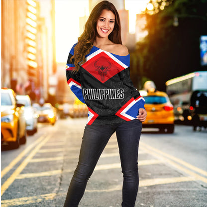 Philippines Off Shoulder Sweatshirt Water Buffalo Sun Tribal Style