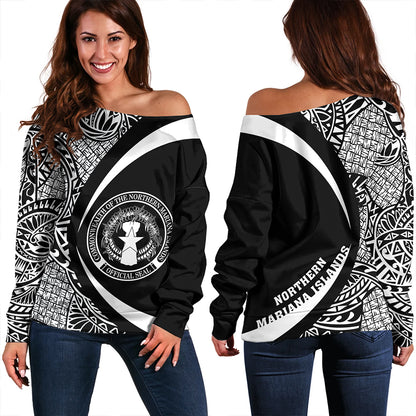Northern Mariana Islands Off Shoulder Sweatshirt Coat Of Arm Lauhala White Circle