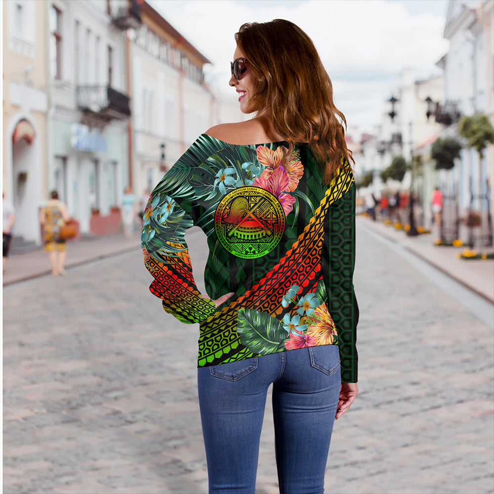 American Samoa Off Shoulder Sweatshirt Polynesian Tropical Style Flower