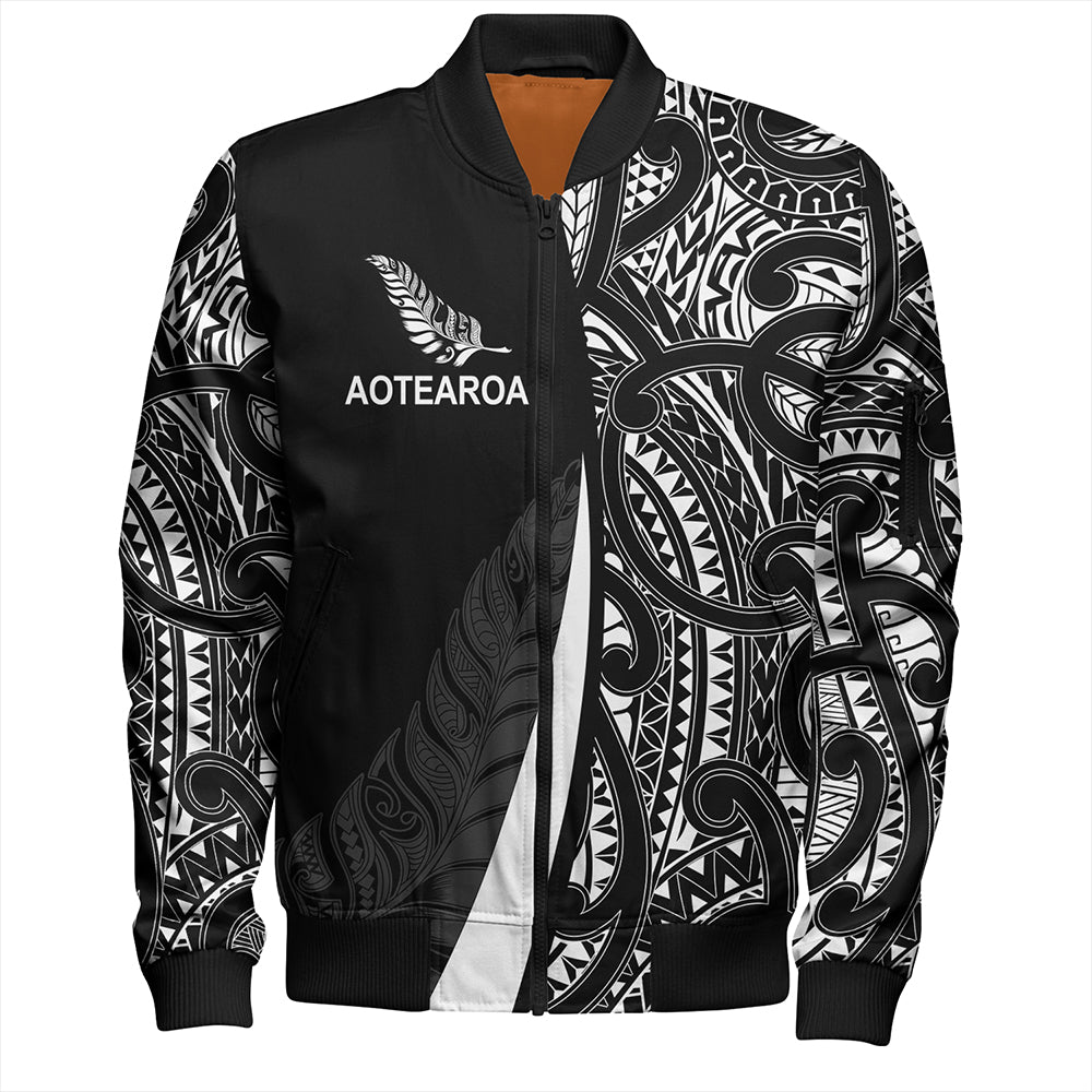 New Zealand Bomber Jacket Country Aotearoa Maori Pattern Silver Fern