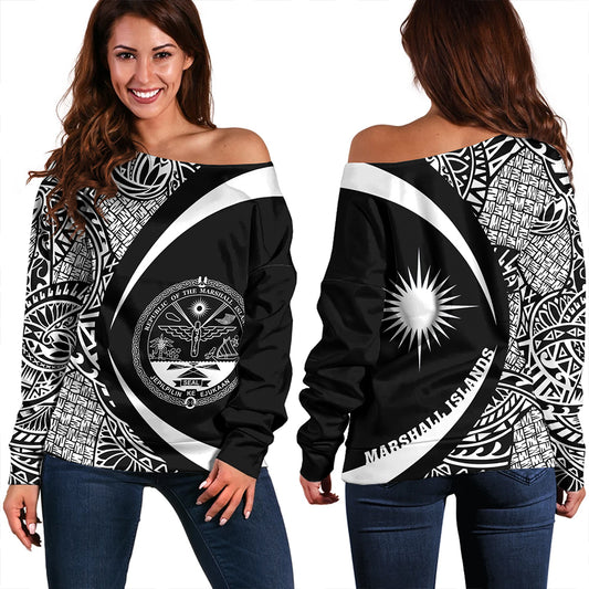 Marshall Islands Off Shoulder Sweatshirt Coat Of Arm Lauhala White Circle