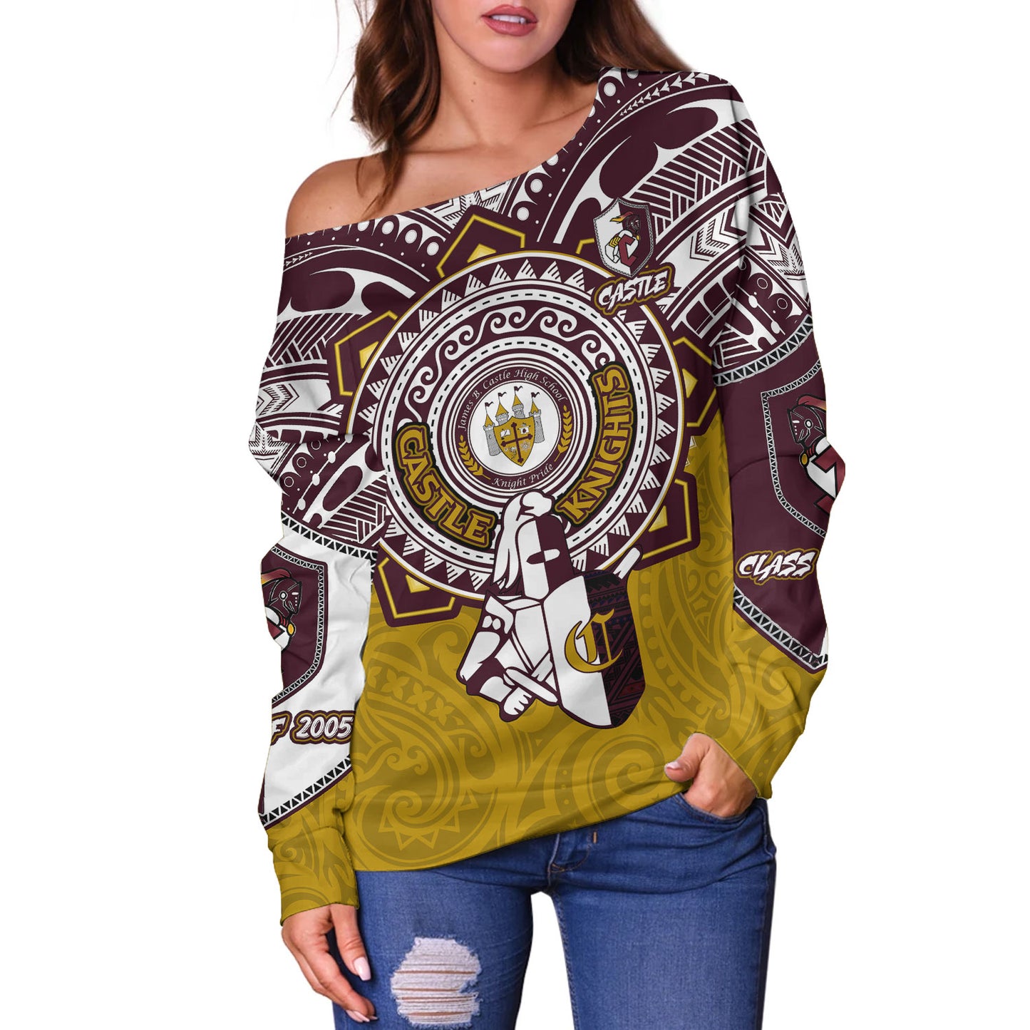 Hawaii Off Shoulder Sweatshirt Custom James B. Castle High School Super Castle Knights Tribal Style