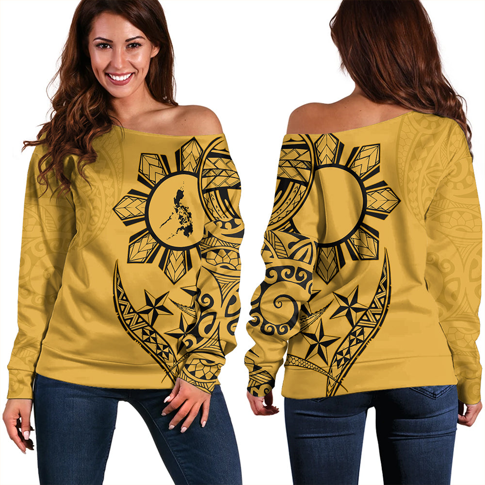 Philippines Off Shoulder Sweatshirt Tribal Sun In My Heart Gold Style