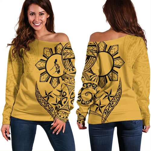 Philippines Off Shoulder Sweatshirt Tribal Sun In My Heart Gold Style