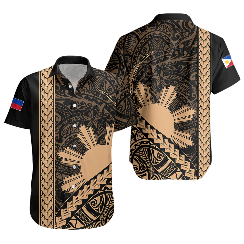 Philippines Short Sleeve Shirt Tribal Polynesian Sun Gold