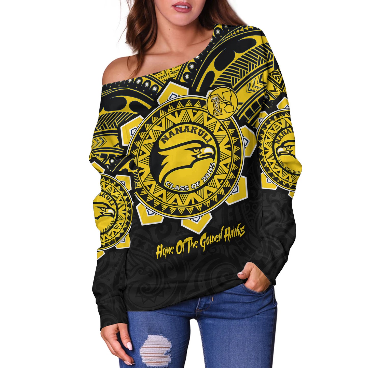 Hawaii Off Shoulder Sweatshirt Custom Nanakuli High & Intermediate School Home Of Golden Hawks Tribal Style