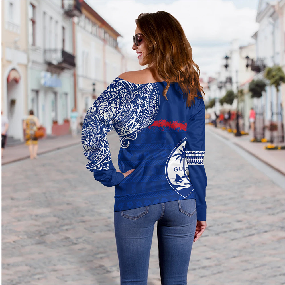 Guam Off Shoulder Sweatshirt Polynesian Flag With Coat Of Arms