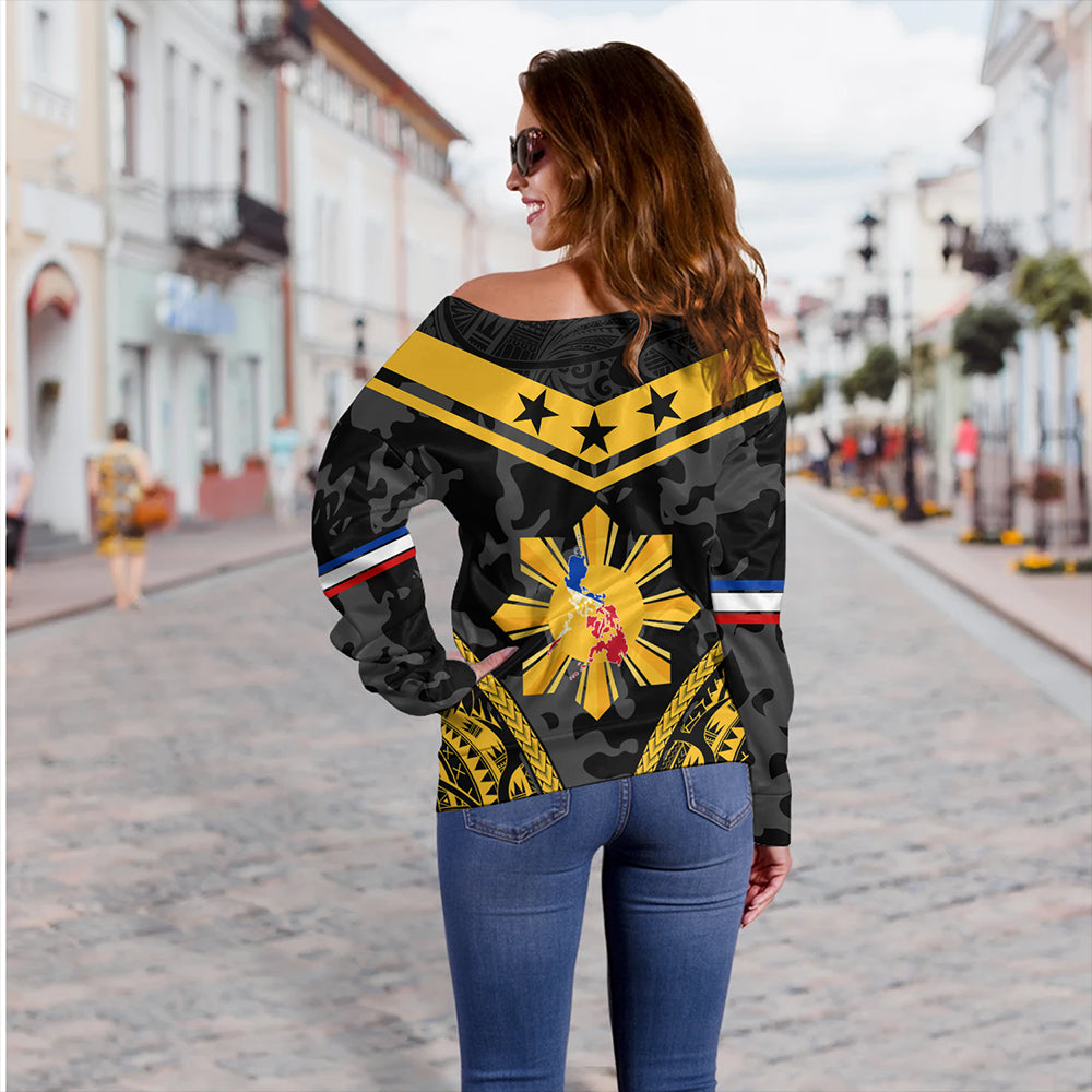 Philippines Off Shoulder Sweatshirt Polynesian Sun Star Style Camouflage