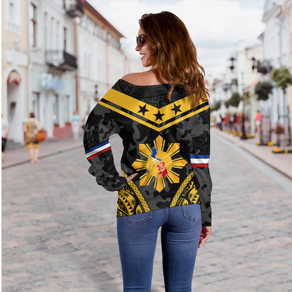 Philippines Off Shoulder Sweatshirt Polynesian Sun Star Style Camouflage