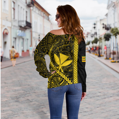 Hawaii Off Shoulder Sweatshirt Tribal Polynesian Kanaka Maoli Yellow