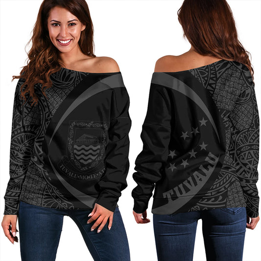 Tuvalu Off Shoulder Sweatshirt Coat Of Arm Lauhala Gray Circle
