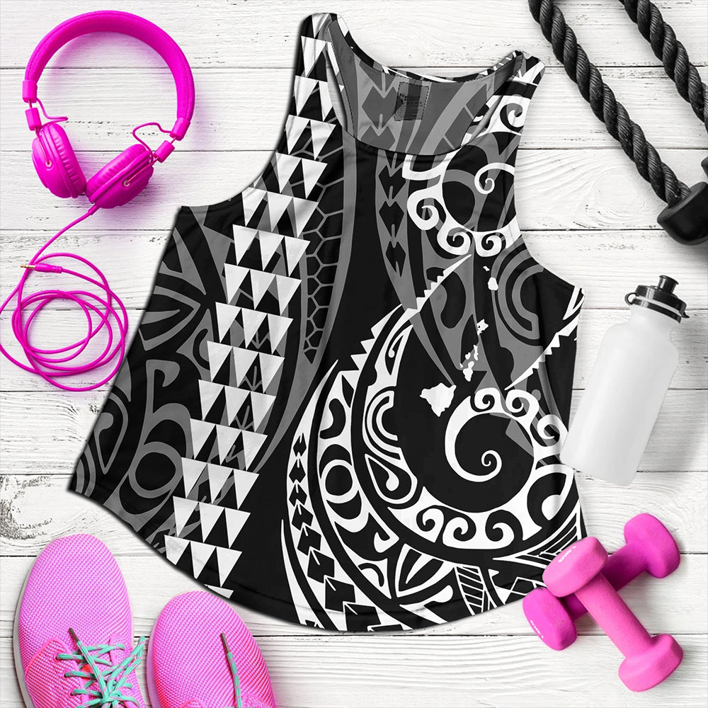 Hawaii Women Tank Hawaiian Map Kakau Style White