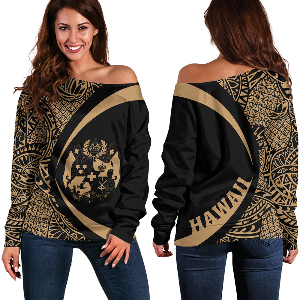 Tonga Off Shoulder Sweatshirt Coat Of Arm Lauhala Gold Circle