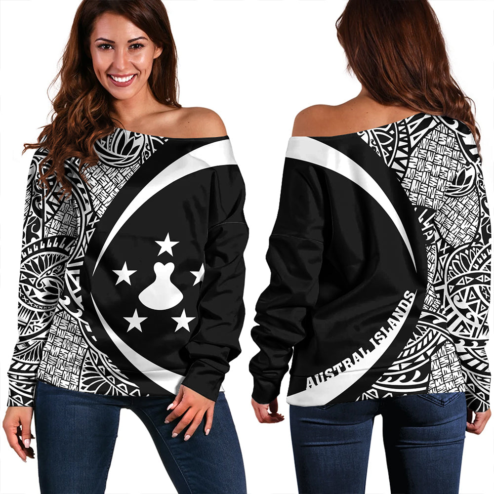 Austral Islands Off Shoulder Sweatshirt Coat Of Arm Lauhala White Circle