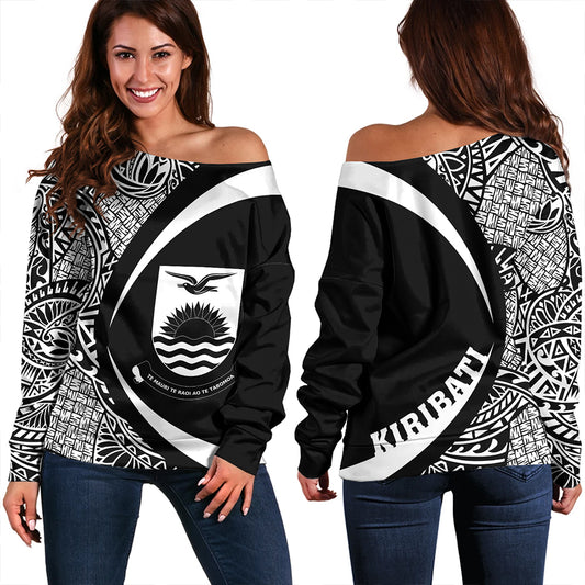 Kiribati Off Shoulder Sweatshirt Coat Of Arm Lauhala White Circle